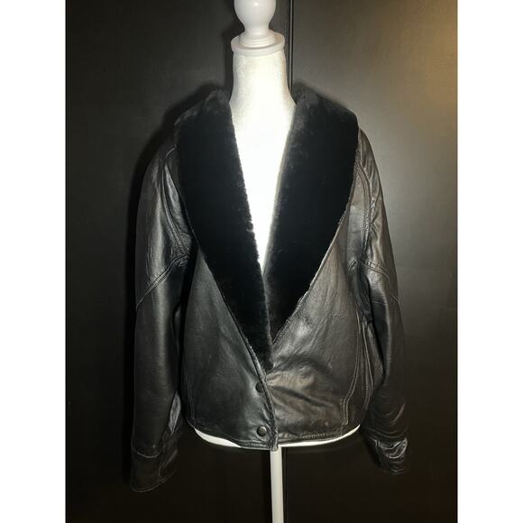 Vtg John Carlisle San Francisco Black Leather Jacket Shearling Collar 80s 90s M. - Picture 1 of 12